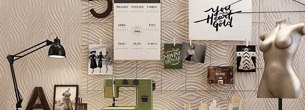 Zen Wave acoustic wall tiles with embossed flowing vertical ripples in a creative workspace with desk and mannequin.