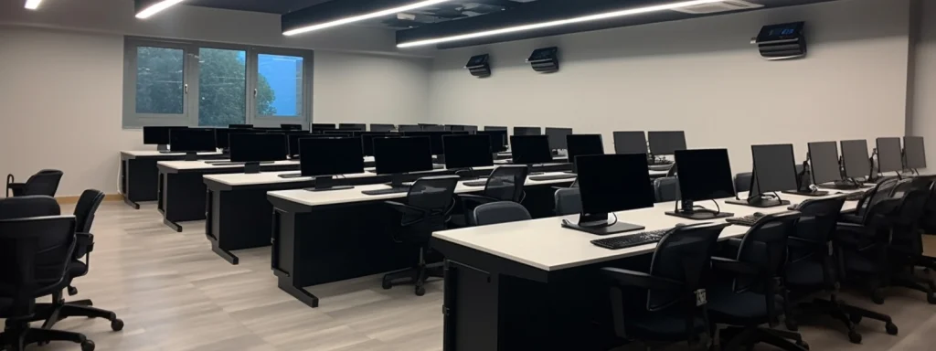 Ergonomic black office chairs arranged at rows of computer desks in a modern, well-lit workstation room.