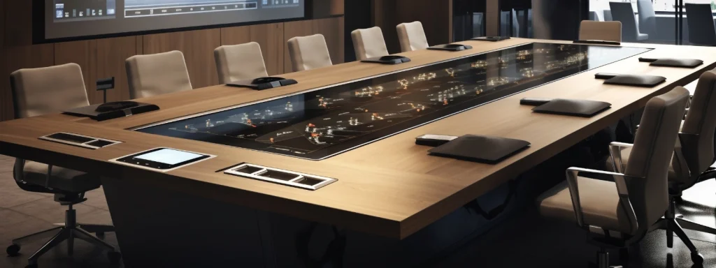 Modern office meeting table with integrated touchscreen display, surrounded by ergonomic chairs in a professional room.