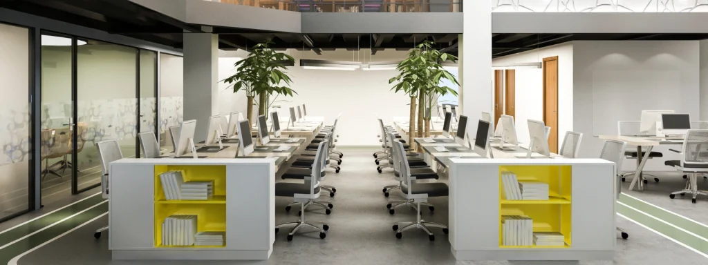 Modern open-plan office space featuring organized rows of computer workstations and bright yellow storage units.